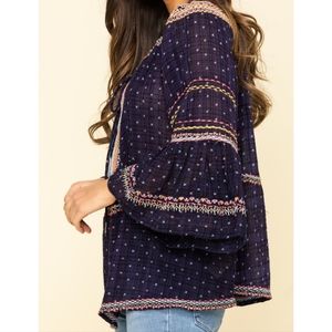 Free People Blue Embroidered Blouse Top Size Small Ruffle 3/4 Sleeves